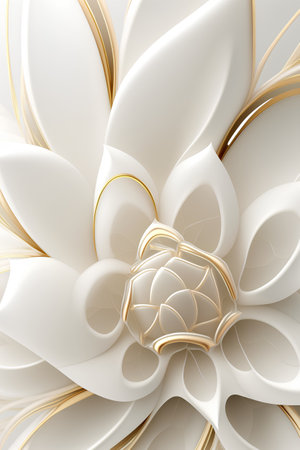 3d illustration of white flower petals with golden lines on white backgroundの素材