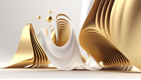 Abstract 3d rendering of golden waves on white background. Digital illustration.の素材