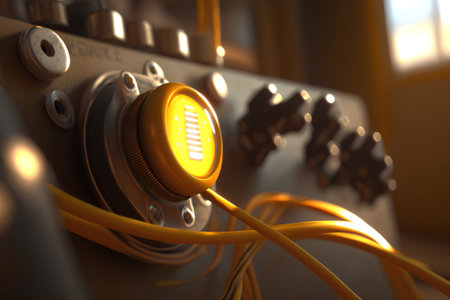 Close-up of a control panel with yellow cables. 3d renderingの素材