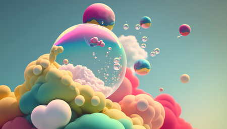 3d rendering of abstract background with colorful clouds and soap bubbles.の素材