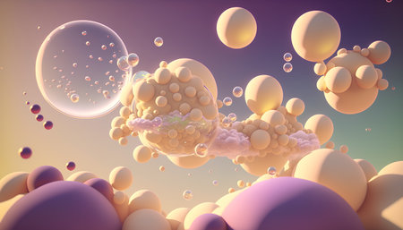 3d rendering of abstract background with balls and bubbles in space.の素材