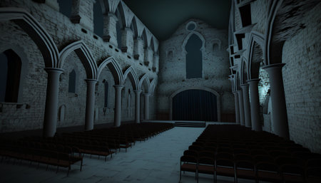 Gothic church with empty seats and doors. 3d renderの素材
