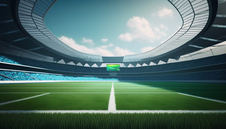 Soccer stadium with green grass and blue sky, 3d renderの素材