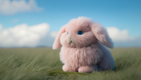 Cute pink rabbit sitting on green grass with blue sky background.の素材