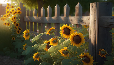 Sunflower field with wooden fence. Sunflower blooming in the gardenの素材