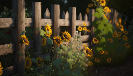 Sunflowers in front of a wooden fence. 3d renderの素材