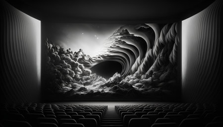 Fantasy scene with alien planet in a movie theater. 3d renderの素材