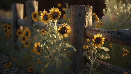 Sunflowers in the meadow with wooden fence at sunset.の素材