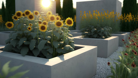 Sunflower garden with sunflowers in the evening. 3d renderの素材