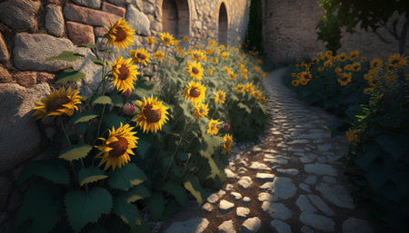 Sunflower garden in Tuscany, Italy. Tuscany is one of the most beautiful cities in Italy.の素材