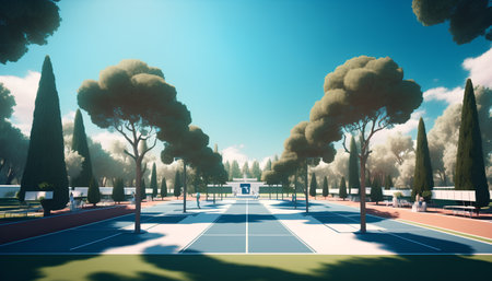 Tennis court with trees and blue sky. 3D Renderingの素材
