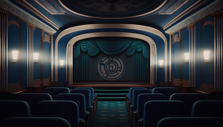 Blue theater stage with blue curtains and seats, 3d render illustrationの素材