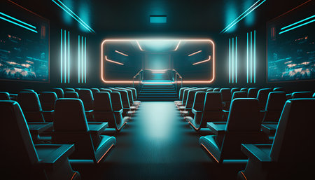 Modern interior of empty cinema hall with blue neon lights. 3D Renderingの素材