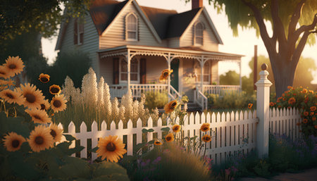 Garden with sunflowers in front of old wooden house.の素材