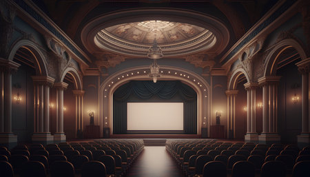 Cinema auditorium with seats and blank screen. 3d renderの素材