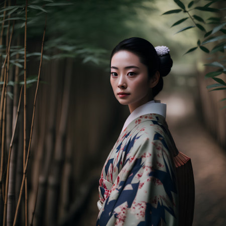 Beautiful japanese kimono girl in the bamboo forestの素材