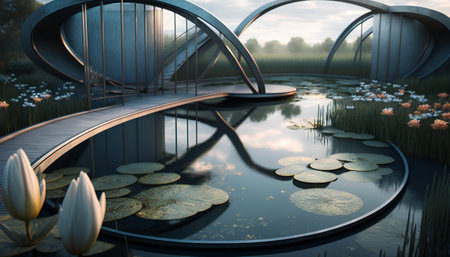 3D rendering of a bridge over a pond with water liliesの素材