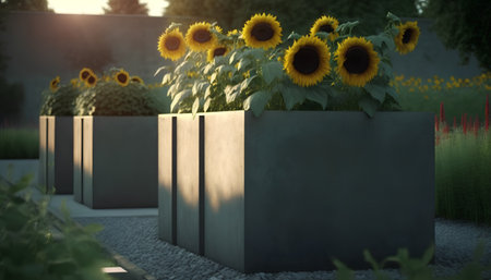 Sunflowers in the cemetery. 3D rendering. Sunset.の素材