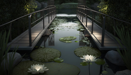 3d render of a bridge over a pond with lotus flowersの素材