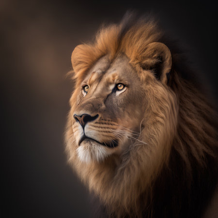 Portrait of a lion in a photo studio on a dark backgroundの素材
