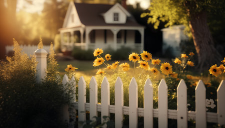 Sunflowers in front of a white picket fence at sunsetの素材