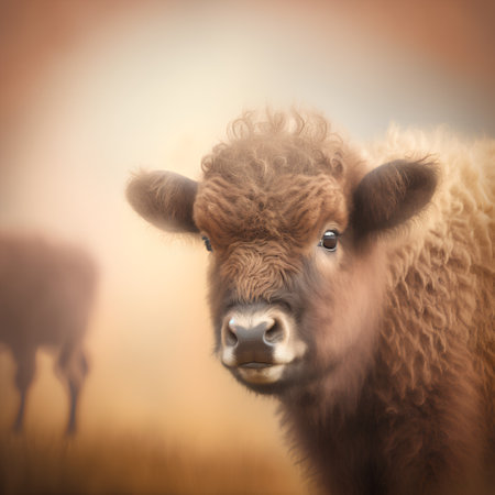 Portrait of a brown bison looking at the camera with a blurred backgroundの素材