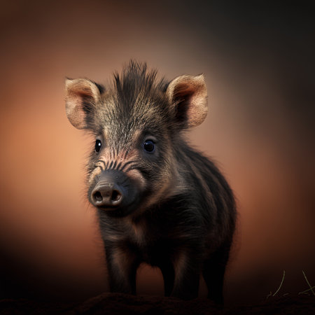 Little wild boar on a brown background. Studio photography of a wild pig.の素材