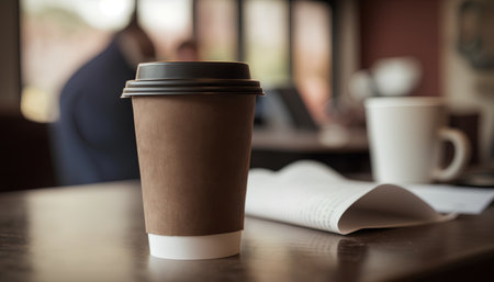 Coffee cup on the table in coffee shop, stock photoの素材