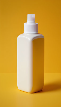 Plastic bottle of body lotion on a yellow background. Mockupの素材