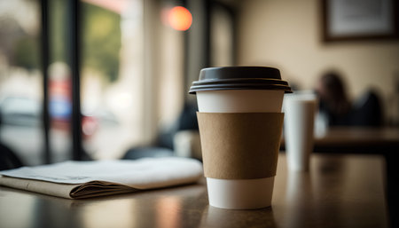 Coffee to go on the table in a cafe. Selective focus.の素材