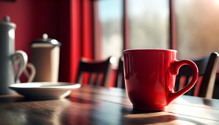 Red cup of coffee on the wooden table in cafe, close upの素材