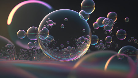 Colorful soap bubbles on a dark background. 3D illustration.の素材