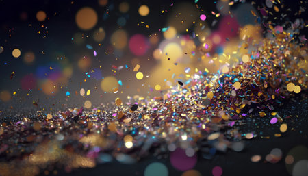 Colorful glitter on black background with bokeh effect. 3d renderingの素材