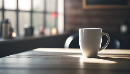 Coffee cup on wooden table in coffee shop with bokeh backgroundの素材