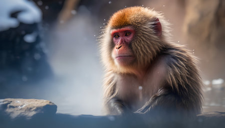 The Japanese macaque (Macaca fuscata) sitting in hot springの素材