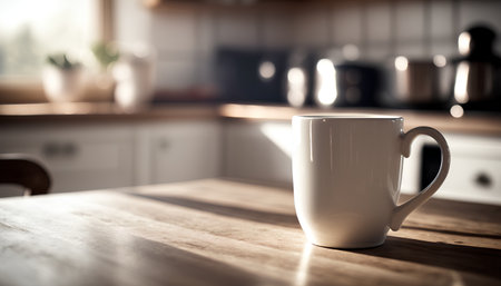 Coffee cup on the table in the kitchen. Selective focus.の素材