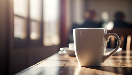 Coffee cup on wooden table in coffee shop, stock photoの素材