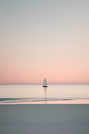 Sailboat on the beach at sunrise, Baltic Sea, Polandの素材