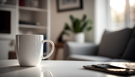 Coffee cup and smartphone on the table in the living roomの素材