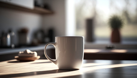 Cup of coffee on the table in the kitchen. 3d renderingの素材
