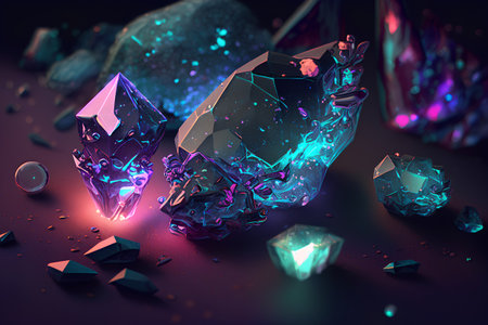3d render of crystal crystals on a dark background with neon lightの素材