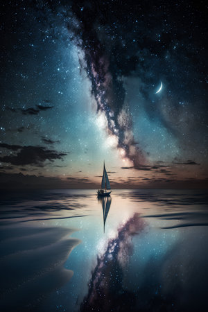 sailing boat in the sea with starry sky and reflection in waterの素材
