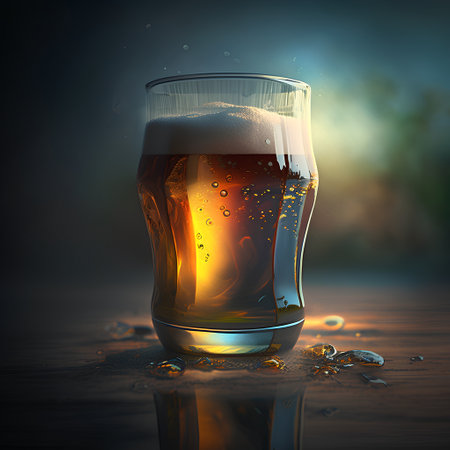 Glass of beer with ice on wooden table. 3d illustration.の素材