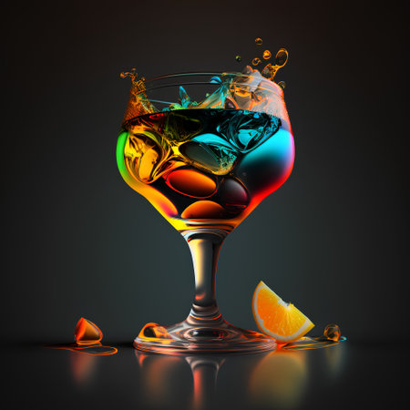 Colorful cocktail in martini glass on dark background. 3d illustrationの素材