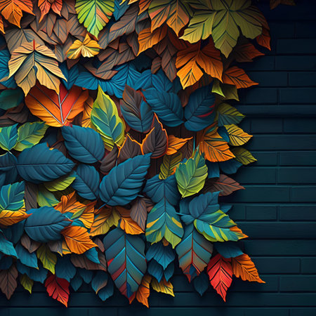 Colorful autumn leaves on a brick wall background. Vector illustration.の素材