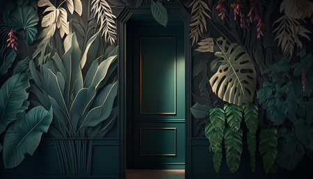 Dark green interior with tropical plants. 3d render illustration mock upの素材