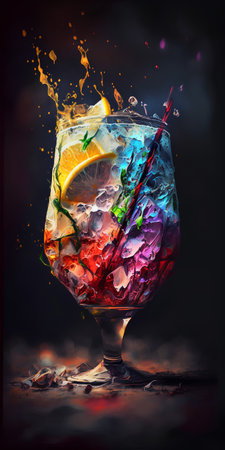 Cocktail with orange, ice and splashes on dark backgroundの素材