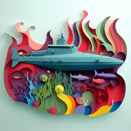 Submarine in the sea. Paper art style. Vector illustration.の素材