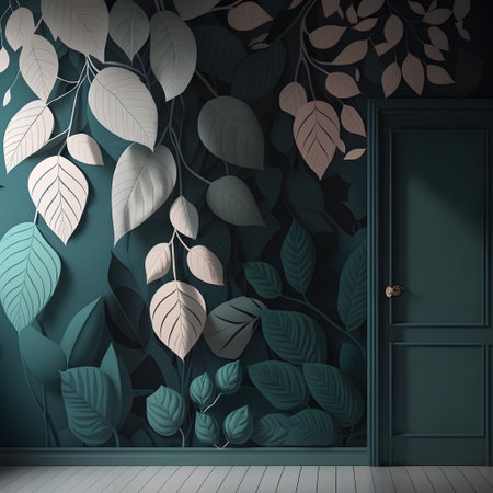 Green wall with leafs and door. 3d render illustration.の素材
