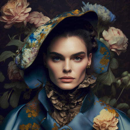 Portrait of a beautiful woman in a hat with flowers. Beauty, fashion.の素材